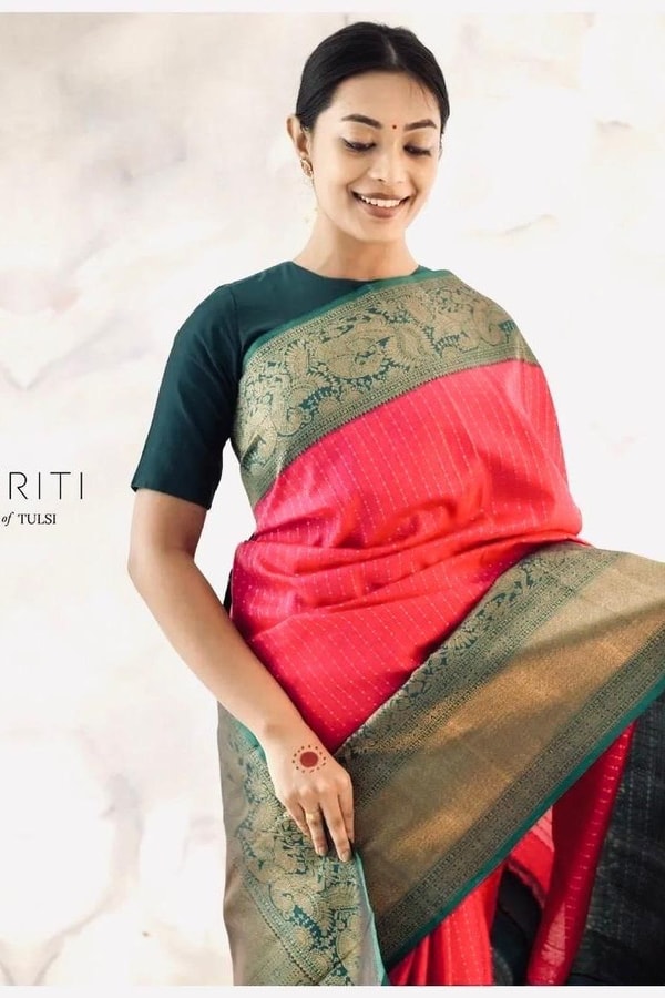 Rani Pink Banarasi Soft Silk Saree with Bottle Green Border and Gold Zari Pallu  in Surat