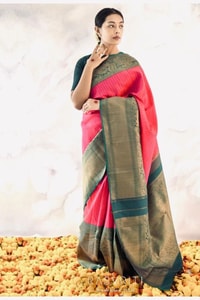 Rani Pink Banarasi Soft Silk Saree with Bottle Green Border and Gold Zari Pallu  in Surat