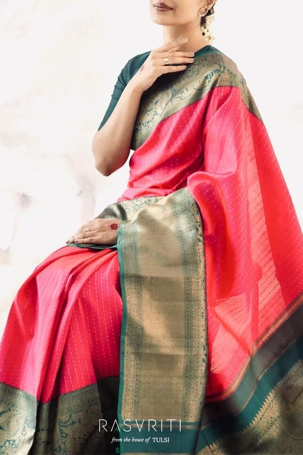 Rani Pink Banarasi Soft Silk Saree with Bottle Green Border and Gold Zari Pallu  in Surat
