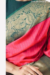 Rani Pink Banarasi Soft Silk Saree with Bottle Green Border and Gold Zari Pallu  in Surat