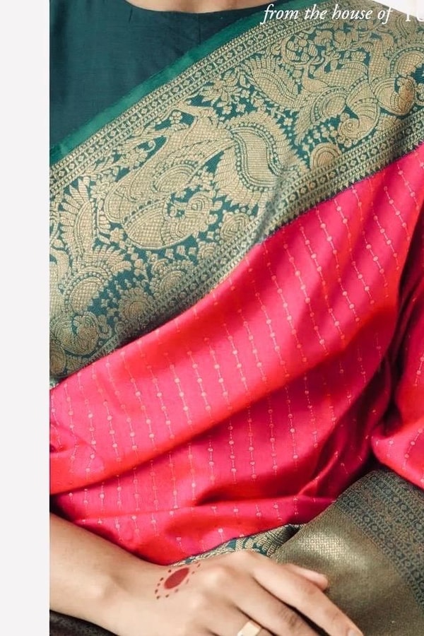 Rani Pink Banarasi Soft Silk Saree with Bottle Green Border and Gold Zari Pallu  in Surat