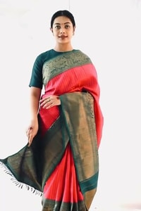 Rani Pink Banarasi Soft Silk Saree with Bottle Green Border and Gold Zari Pallu  in Surat video 1
