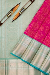 Rani Pink Banarasi Soft Silk Saree with Contrast Silver Tissue Border and Sea Green Edge  in Surat
