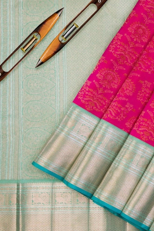 Rani Pink Banarasi Soft Silk Saree with Contrast Silver Tissue Border and Sea Green Edge  in Surat