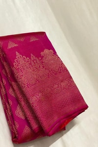 Rani Pink Banarasi Soft Silk Saree with Copper Zari Diamond Buttas and Temple Motif Border  in Surat