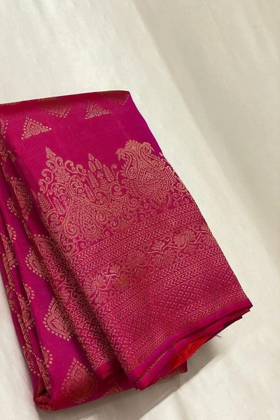 Rani Pink Banarasi Soft Silk Saree with Copper Zari Diamond Buttas and Temple Motif Border in Surat
