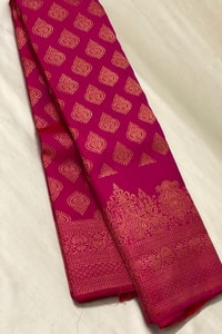 Rani Pink Banarasi Soft Silk Saree with Copper Zari Diamond Buttas and Temple Motif Border  in Surat