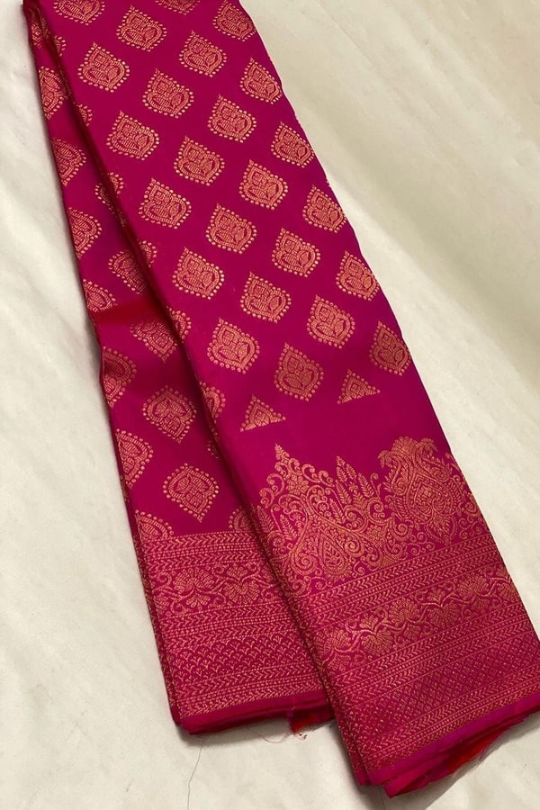 Rani Pink Banarasi Soft Silk Saree with Copper Zari Diamond Buttas and Temple Motif Border  in Surat