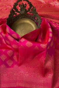 Rani Pink Banarasi Soft Silk Saree with Copper Zari Diamond Buttas and Temple Motif Border  in Surat