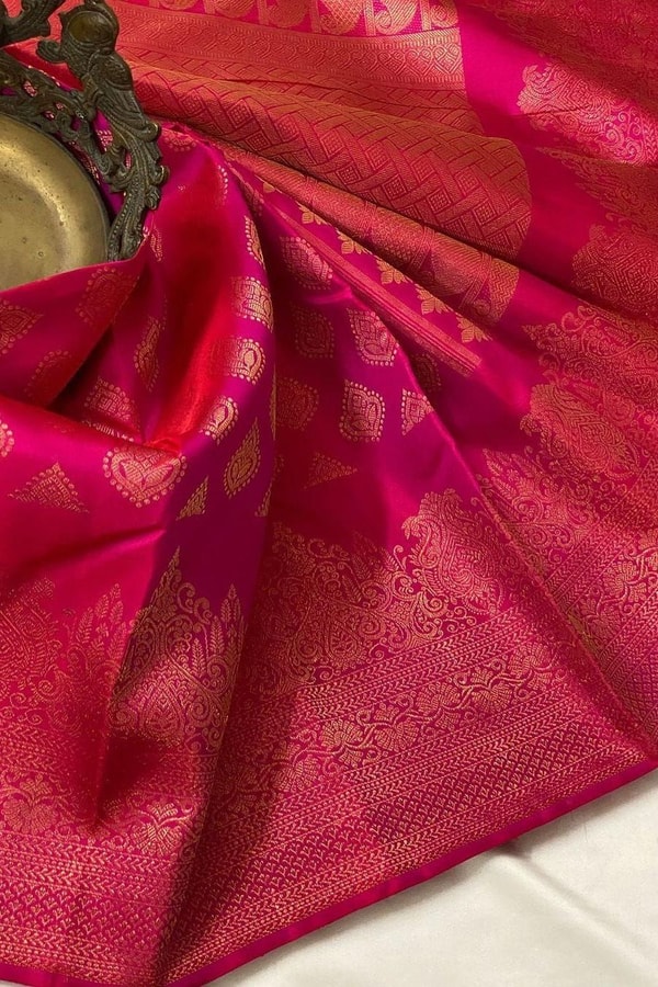 Rani Pink Banarasi Soft Silk Saree with Copper Zari Diamond Buttas and Temple Motif Border  in Surat