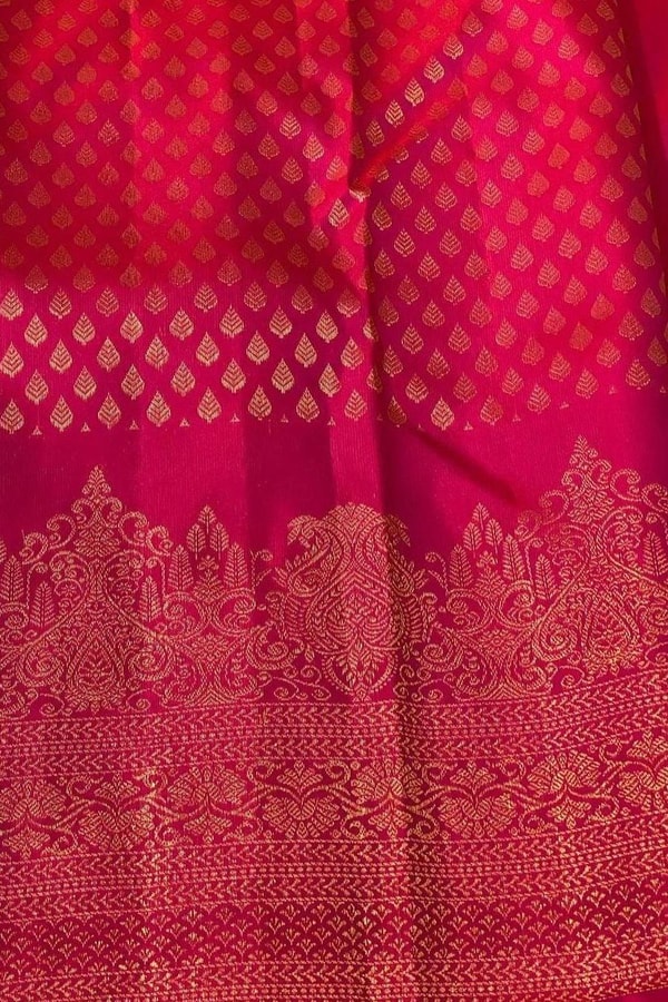 Rani Pink Banarasi Soft Silk Saree with Copper Zari Diamond Buttas and Temple Motif Border  in Surat