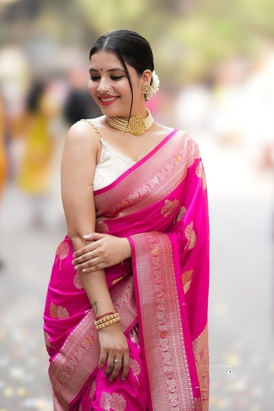 Rani Pink Banarasi Soft Silk Saree with Gold Zari Buttas and Rich Woven Pallu with Tassels in Surat