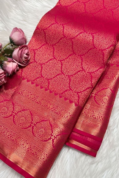 Rani Pink Banarasi Soft Silk Saree with Gold Zari Ogee Jaal and Temple Border Pallu in Surat