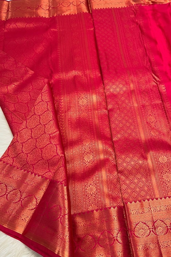 Rani Pink Banarasi Soft Silk Saree with Gold Zari Ogee Jaal and Temple Border Pallu  in Surat