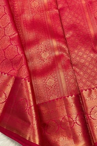 Rani Pink Banarasi Soft Silk Saree with Gold Zari Ogee Jaal and Temple Border Pallu  in Surat