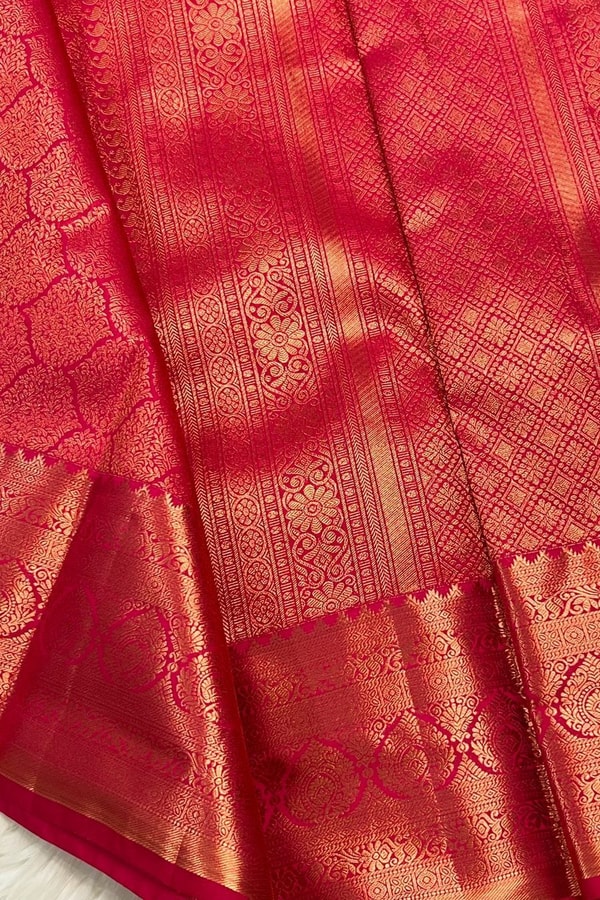 Rani Pink Banarasi Soft Silk Saree with Gold Zari Ogee Jaal and Temple Border Pallu  in Surat