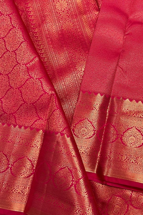 Rani Pink Banarasi Soft Silk Saree with Gold Zari Ogee Jaal and Temple Border Pallu  in Surat