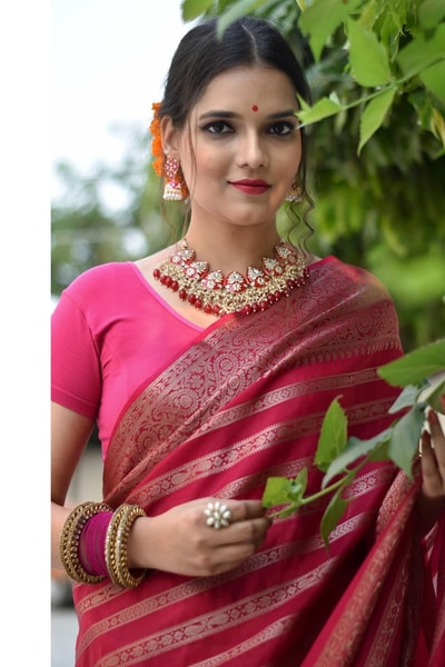 Rani Pink Banarasi Soft Silk Saree with Horizontal Gold Zari Stripes and Woven Zari Pallu in Surat
