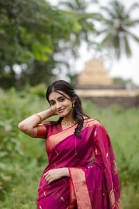 Rani Pink Saree with Contrast Peach-Orange Zari Border and Pallu and Delicate Buttis  in Surat