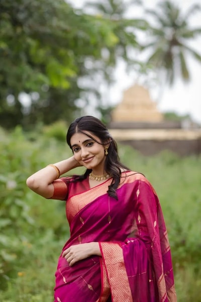 Rani Pink Saree with Contrast Peach-Orange Zari Border and Pallu and Delicate Buttis in Surat