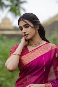 Rani Pink Saree with Contrast Peach-Orange Zari Border and Pallu and Delicate Buttis  in Surat