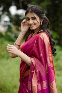 Rani Pink Saree with Contrast Peach-Orange Zari Border and Pallu and Delicate Buttis  in Surat