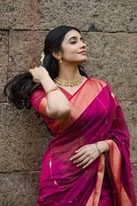 Rani Pink Saree with Contrast Peach-Orange Zari Border and Pallu and Delicate Buttis  in Surat
