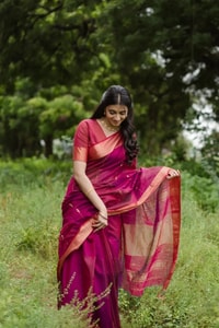 Rani Pink Saree with Contrast Peach-Orange Zari Border and Pallu and Delicate Buttis  in Surat