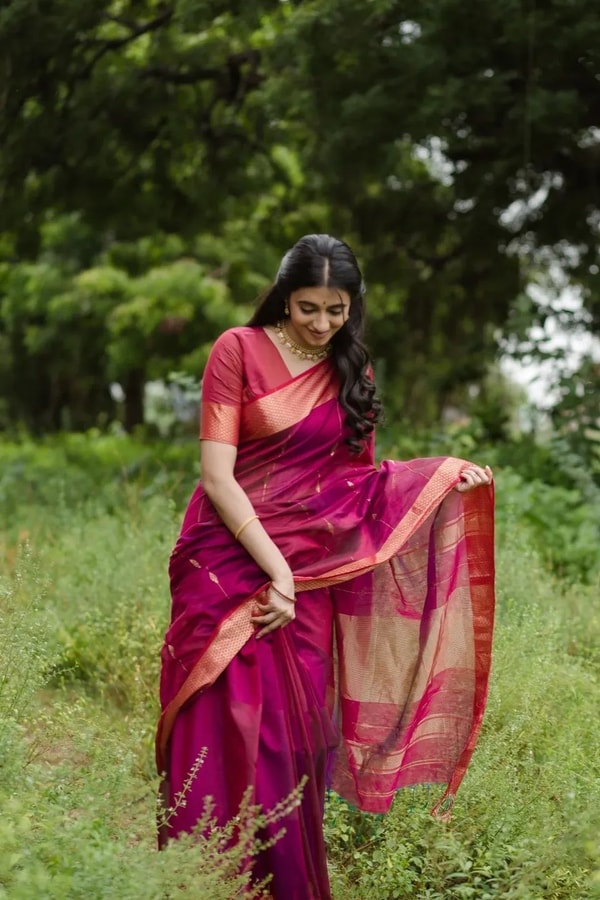 Rani Pink Saree with Contrast Peach-Orange Zari Border and Pallu and Delicate Buttis  in Surat