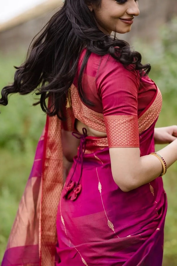 Rani Pink Saree with Contrast Peach-Orange Zari Border and Pallu and Delicate Buttis  in Surat