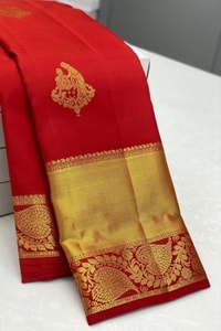 Red Banarasi Silk Saree with Diagonal Floral Zari Buttas and Gold Paisley Pallu  in Surat
