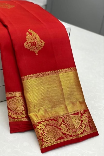 Red Banarasi Silk Saree with Diagonal Floral Zari Buttas and Gold Paisley Pallu in Surat