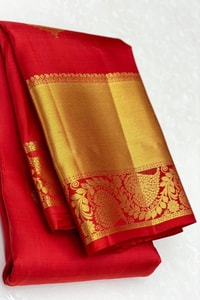 Red Banarasi Silk Saree with Diagonal Floral Zari Buttas and Gold Paisley Pallu  in Surat