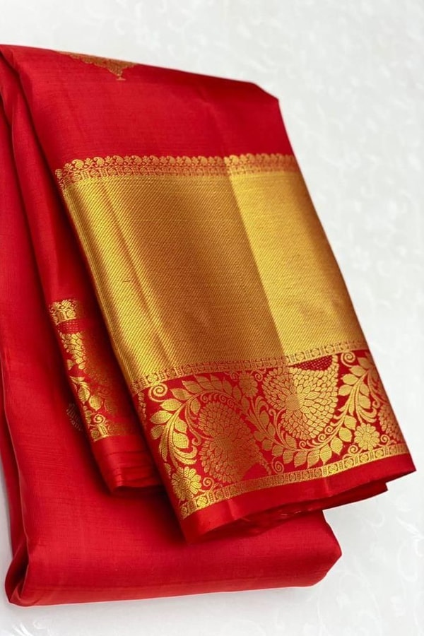 Red Banarasi Silk Saree with Diagonal Floral Zari Buttas and Gold Paisley Pallu  in Surat