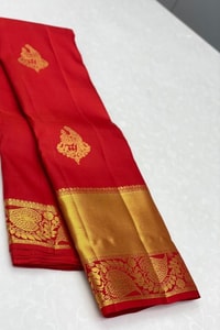 Red Banarasi Silk Saree with Diagonal Floral Zari Buttas and Gold Paisley Pallu  in Surat