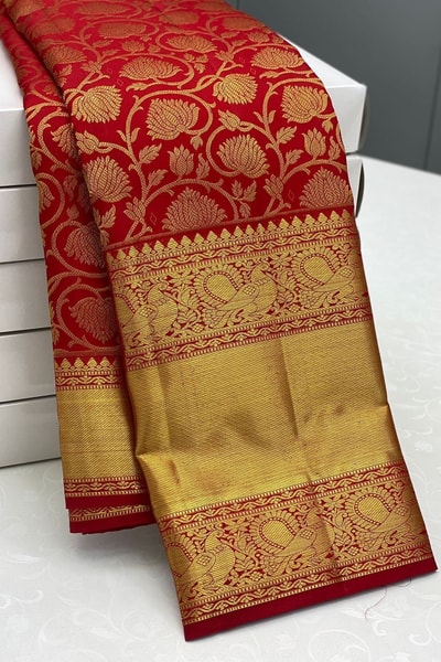 Red Banarasi Soft Silk Saree with All-Over Gold Zari Floral Brocade and Gold Tissue Pallu in Surat