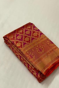 Red Banarasi Soft Silk Saree with All-Over Gold Zari Geometric Weave and Rich Woven Border  in Surat