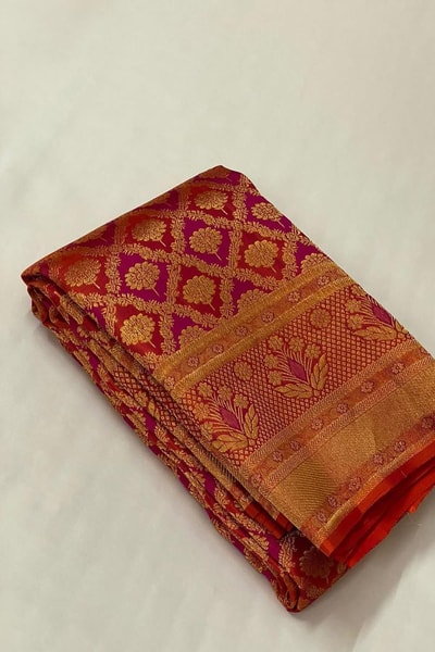 Red Banarasi Soft Silk Saree with All-Over Gold Zari Geometric Weave and Rich Woven Border in Surat