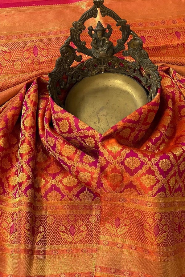 Red Banarasi Soft Silk Saree with All-Over Gold Zari Geometric Weave and Rich Woven Border  in Surat