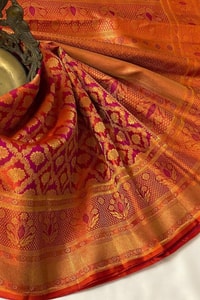Red Banarasi Soft Silk Saree with All-Over Gold Zari Geometric Weave and Rich Woven Border  in Surat