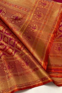 Red Banarasi Soft Silk Saree with All-Over Gold Zari Geometric Weave and Rich Woven Border  in Surat
