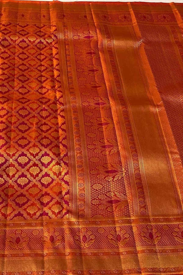 Red Banarasi Soft Silk Saree with All-Over Gold Zari Geometric Weave and Rich Woven Border  in Surat