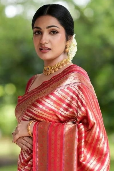 Red Banarasi Soft Silk Saree with All-Over Zari Stripe Weave and Rich Woven Pallu in Surat