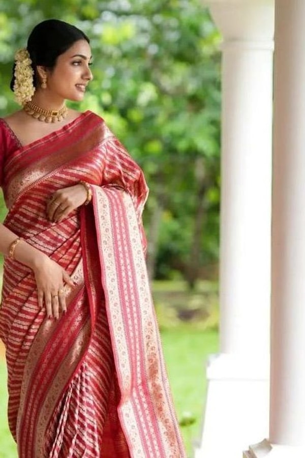 Red Banarasi Soft Silk Saree with All-Over Zari Stripe Weave and Rich Woven Pallu  in Surat