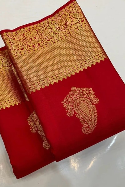 Red Banarasi Soft Silk Saree with Big Gold Zari Paisley Butas and Jacquard Border in Surat