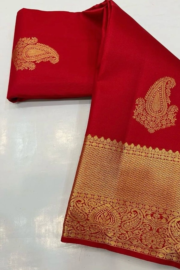 Red Banarasi Soft Silk Saree with Big Gold Zari Paisley Butas and Jacquard Border  in Surat