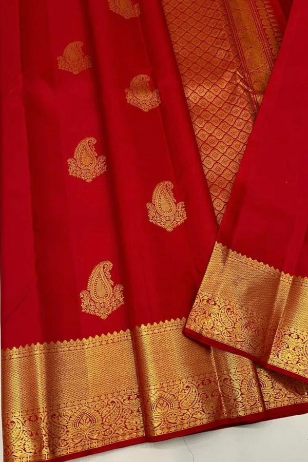 Red Banarasi Soft Silk Saree with Big Gold Zari Paisley Butas and Jacquard Border  in Surat
