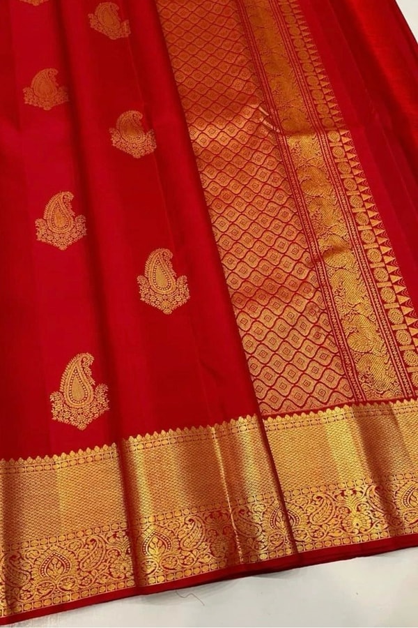 Red Banarasi Soft Silk Saree with Big Gold Zari Paisley Butas and Jacquard Border  in Surat