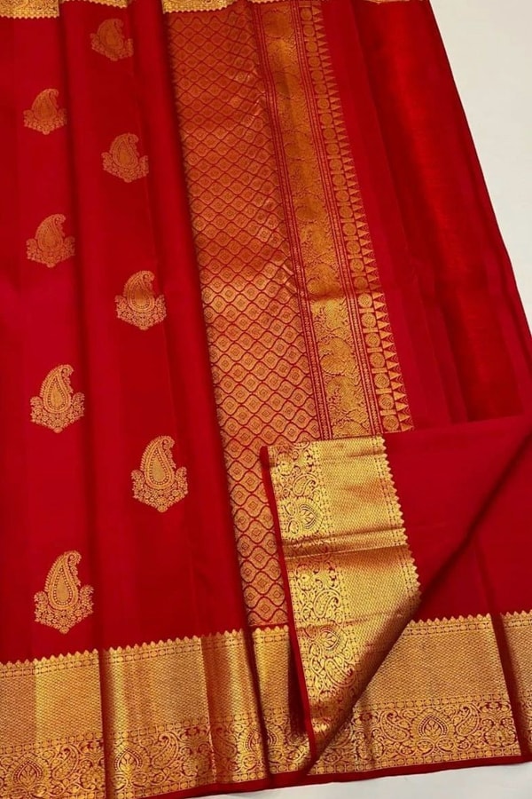 Red Banarasi Soft Silk Saree with Big Gold Zari Paisley Butas and Jacquard Border  in Surat