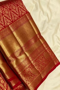 Red Banarasi Soft Silk Saree with Gold Floral Sprig Jaal and Wide Tissue Zari Border  in Surat
